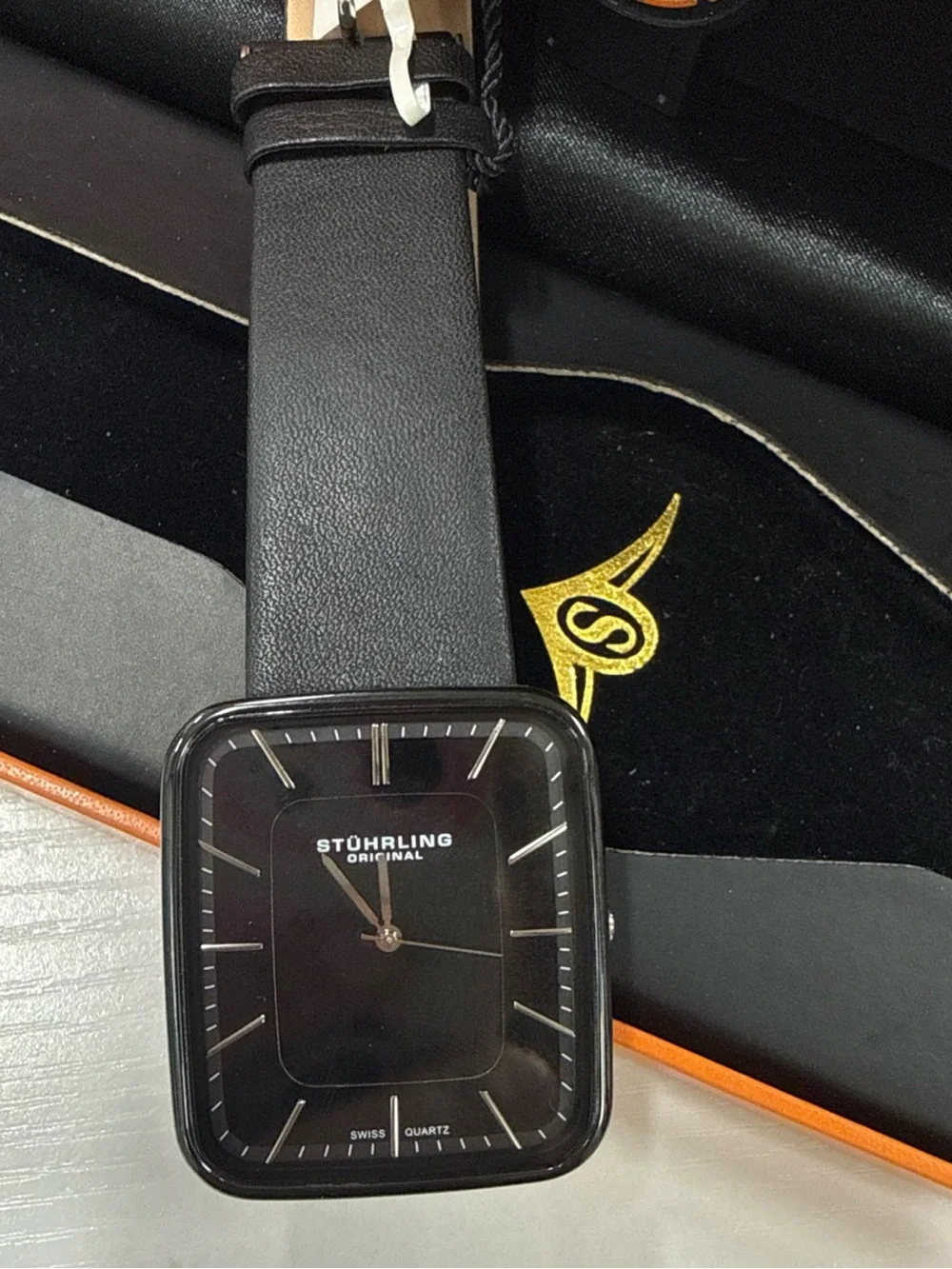 Stuhrling Original Black Square Dial Leather Strap Watch